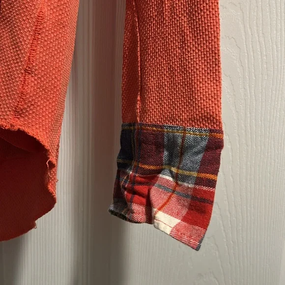 Free People Women's Orange Long Sleeve light thermal Top with Plaid Cuffs - Picture 2 of 5